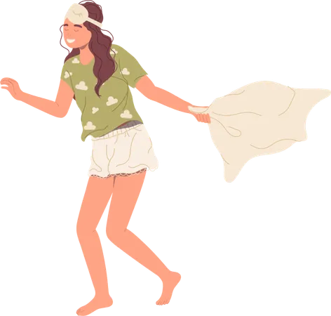 Pretty Young Woman Cartoon Character Running With Pillow Ready To Fight And Play With Friends Isolated Vector Illustration Happy Recreation Time At Home Friendship Building Pajama Party Concept Illustration