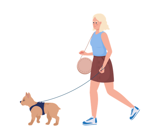 Pretty young woman strolling with small dog  Illustration