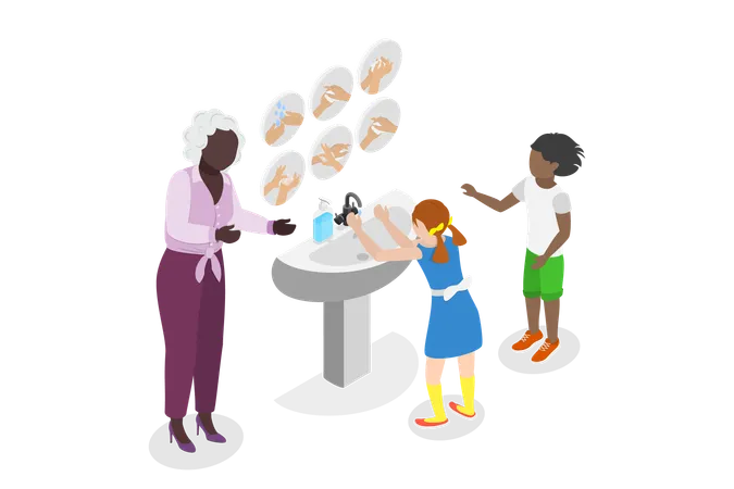 3 D Isometric Flat Vector Illustration Of Washing Hands Teaching Preventing Virus And Infection Illustration