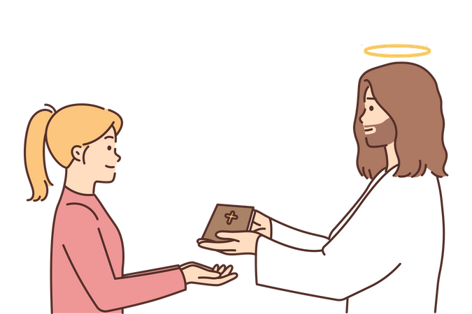 Priest giving bible to girl  Illustration