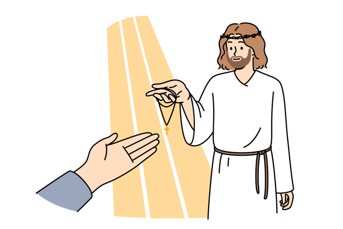 Priest guides visitor to walk on christ road  Illustration