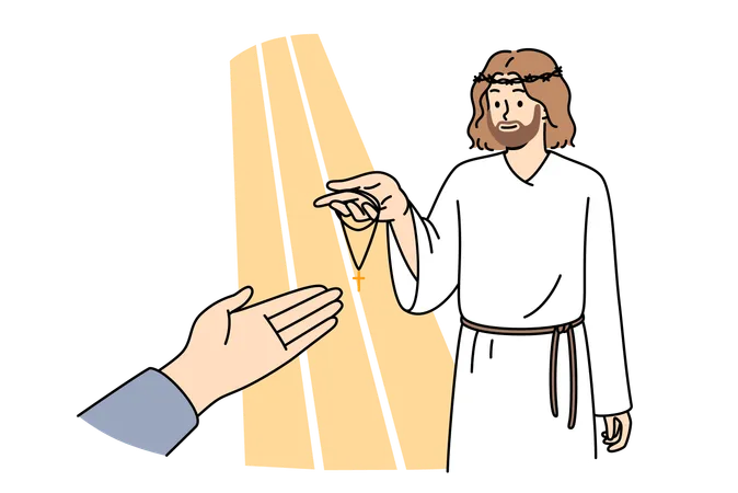 Priest guides visitor to walk on christ road  イラスト