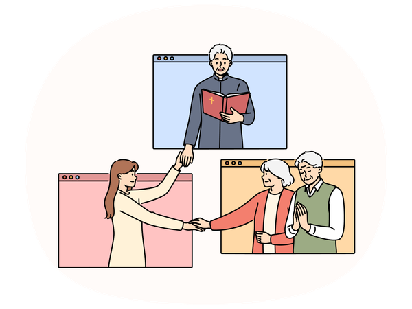 Priest leads online christian mass holding hands with parishioners located in internet windows  Illustration