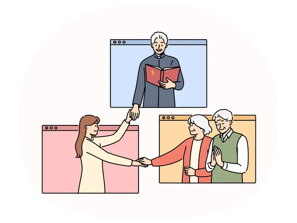 Priest leads online christian mass holding hands with parishioners located in internet windows  Illustration