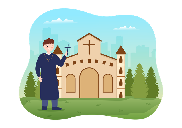 Priest standing outside church  Illustration