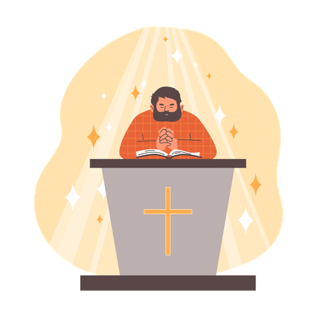 Priester steht auf der Tribüne und liest die Bibel in religiöser Geste und betet, Vektorchristentumsreligion, Lichtstrahlen  Illustration