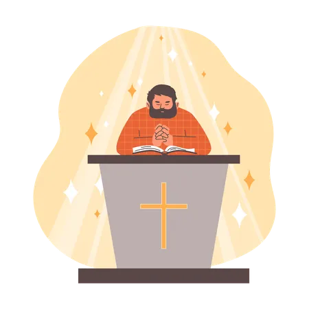 Priester steht auf der Tribüne und liest die Bibel in religiöser Geste und betet, Vektorchristentumsreligion, Lichtstrahlen  Illustration