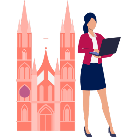 Priesterin liest religiöse Literatur auf Laptop  Illustration