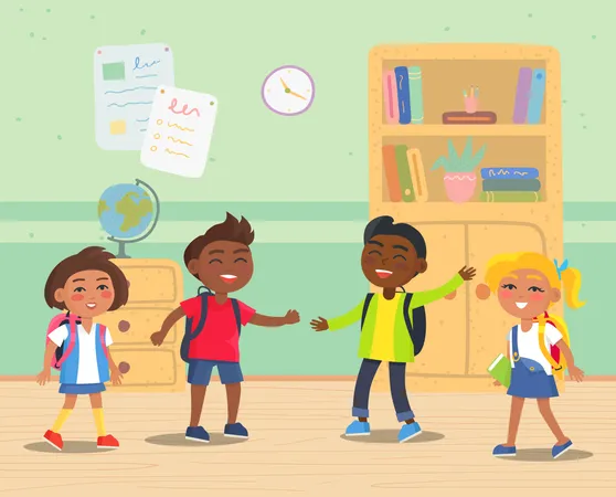 Primary School Kids With Backpacks In Classroom  Illustration