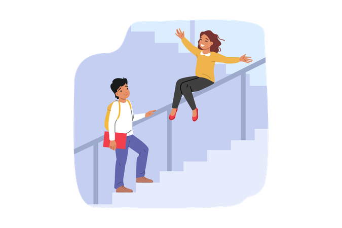 Primary school students have fun during recess and ride on staircase railings enjoying vacation  Illustration