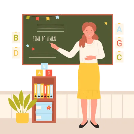 Primary School Teacher Standing At Board In Modern Classroom Interior Vector Illustration Cartoon Young Woman Teaching Primary Students At Chalkboard On Lesson Showing Lettering Time To Learn Illustration