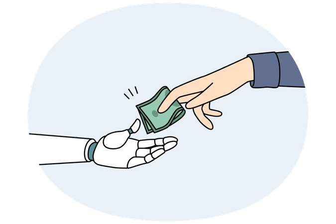 Primer plano de un hombre de negocios entregando dinero a un asistente robótico  Ilustración
