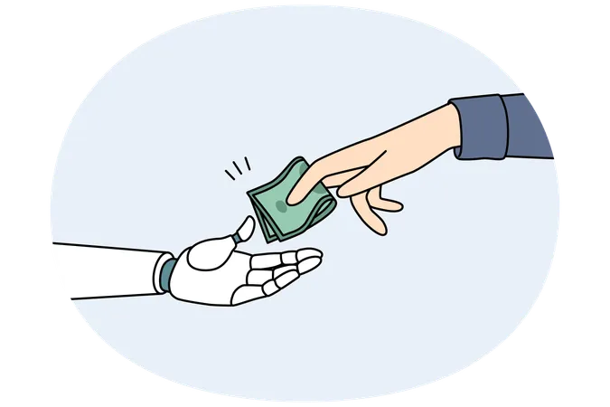 Primer plano de un hombre de negocios entregando dinero a un asistente robótico  Ilustración