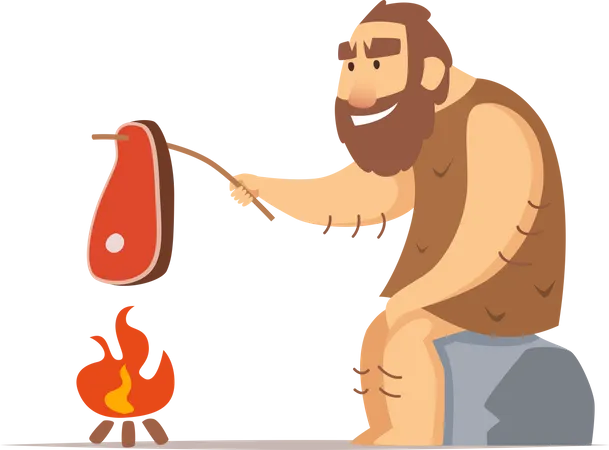 Primitive caveman cooking steak Illustration