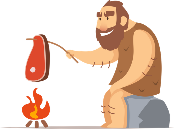 Primitive caveman cooking steak  Illustration