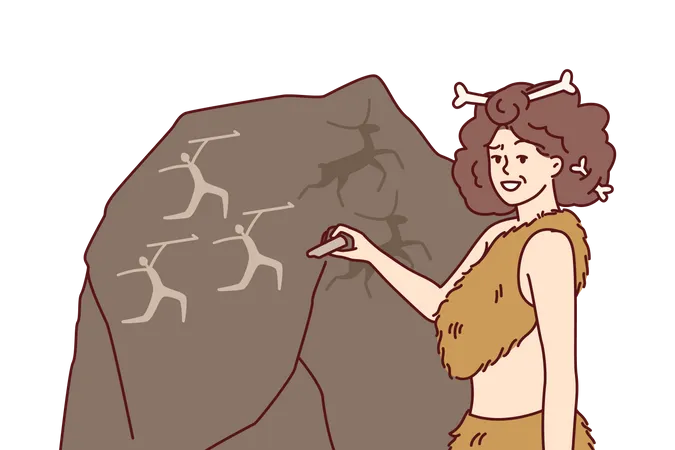 Primitive cavewoman drawing picture on stone  Illustration