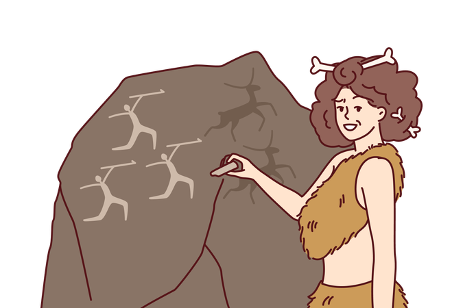 Primitive cavewoman drawing picture on stone  Illustration