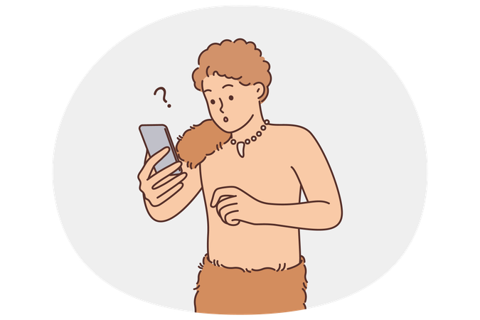 Primitive man with phone surprised and shocked to see modern technology for first time  Illustration