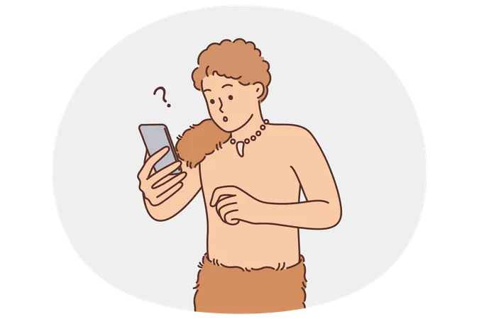 Primitive man with phone surprised and shocked to see modern technology for first time  Illustration