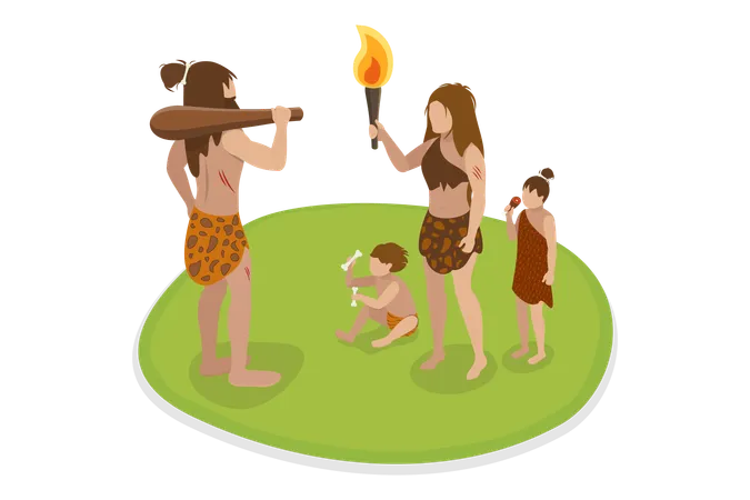 3 D Isometric Flat Vector Illustration Of Caveman Family Primitive People In Stone Age Illustration