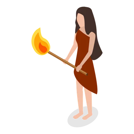 Primitive woman holding fire stick  Illustration