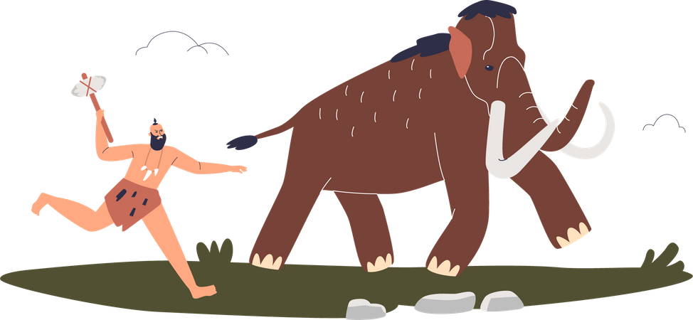 Der primitive Steinzeitmensch jagt ein Mammut  Illustration