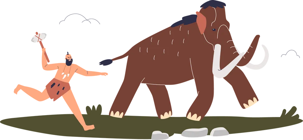 Der primitive Steinzeitmensch jagt ein Mammut  Illustration