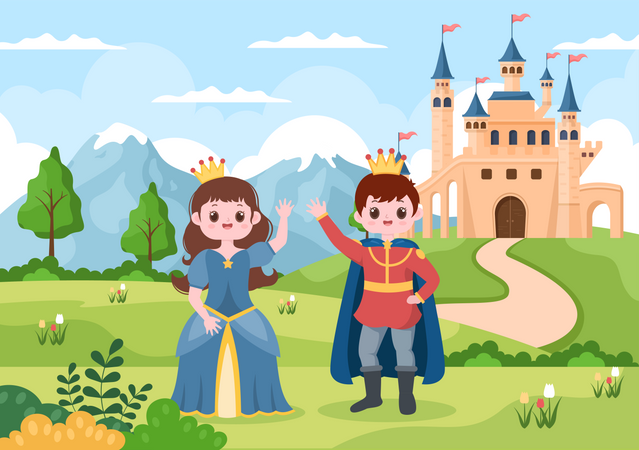 Prince and Queen waiving hands Illustration