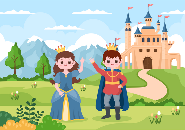 Prince and Queen waiving hands  Illustration