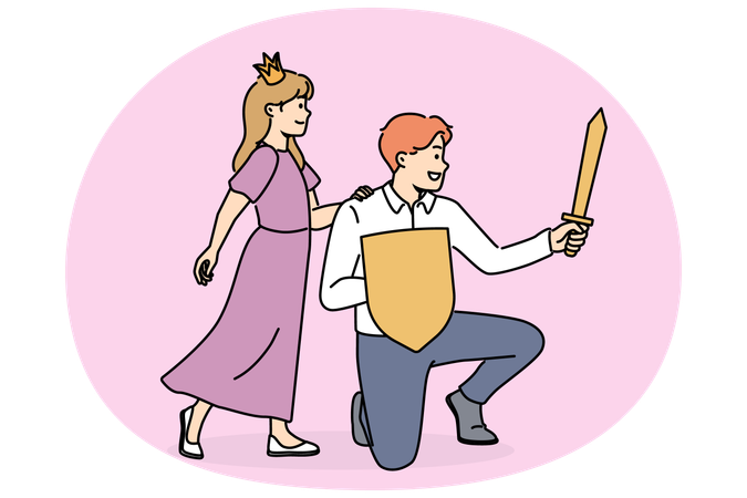 Princess girl near father with knight sword spend time playing royal family from fairy tales  Illustration