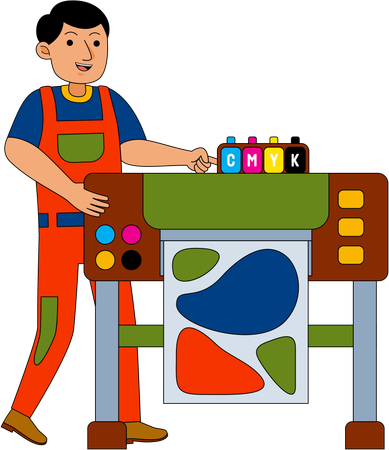 Print Worker working on printer  Illustration
