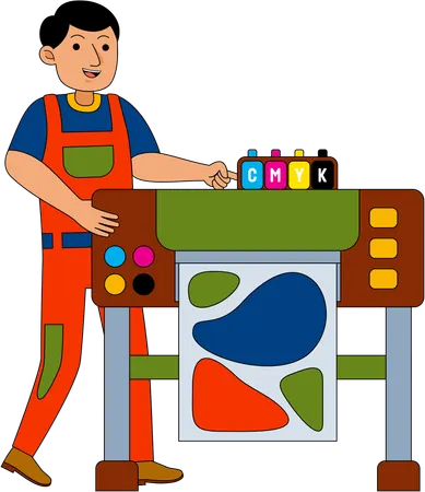 Print Worker working on printer  Illustration