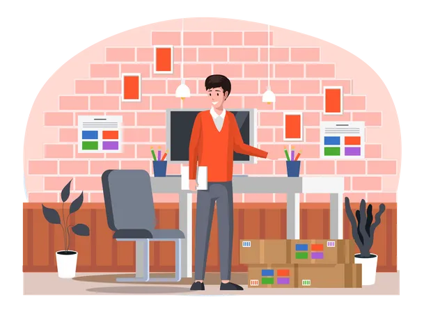 Printing company employee works in office of print house Illustration