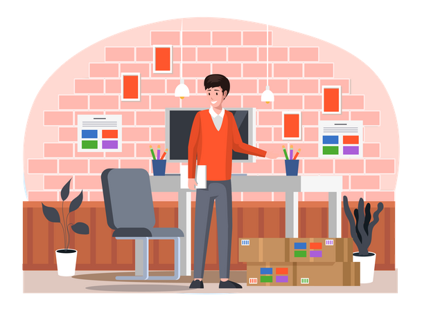 Printing company employee works in office of print house  Illustration