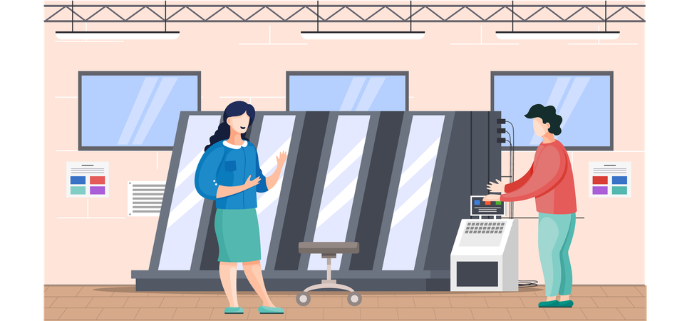 Printing company employees work with machine  Illustration