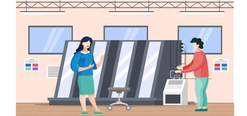 Printing company employees work with machine  Illustration