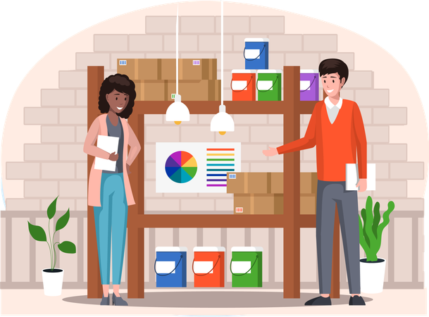Printing company employees working and communicating  Illustration