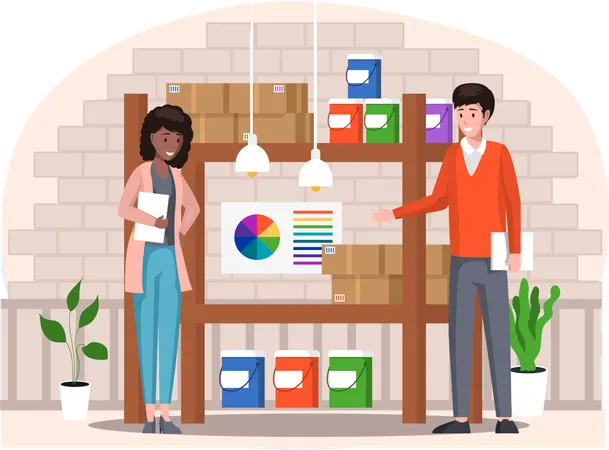 Printing company employees working and communicating  Illustration