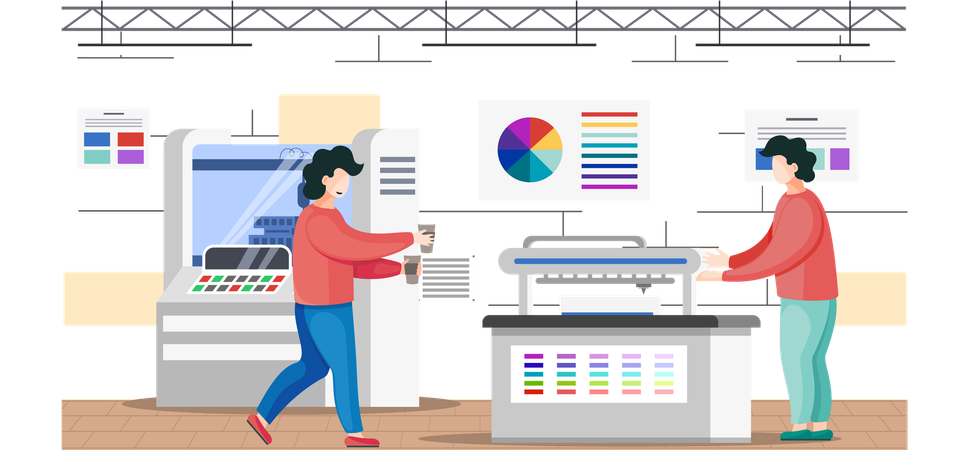 Printing company employees working with machine in printshop having break and drinking coffee  Illustration