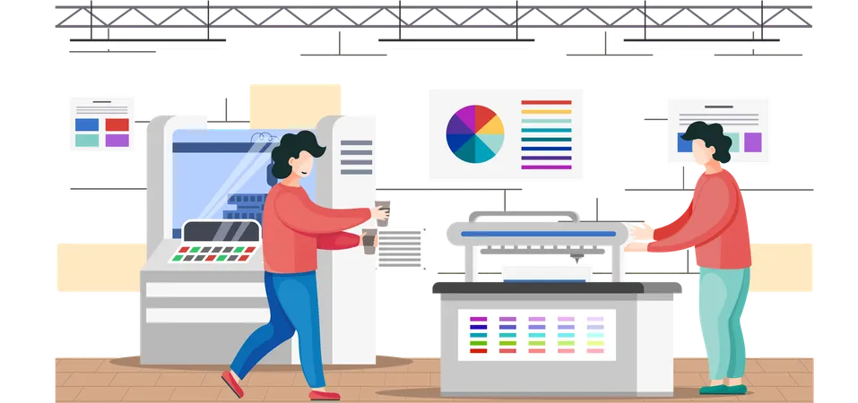 Printing company employees working with machine in printshop having break and drinking coffee  Illustration