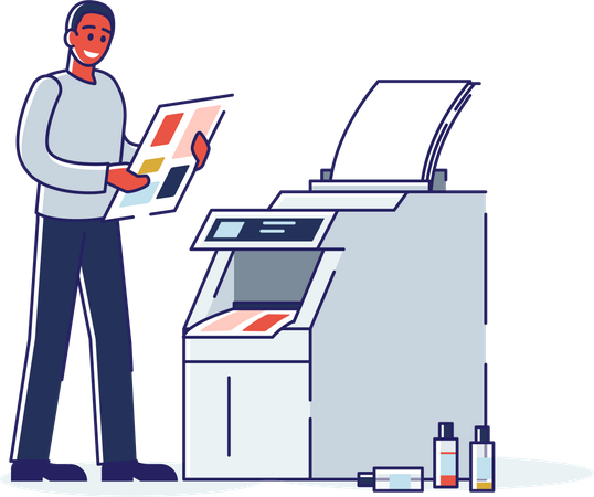 Printing house worker standing at copy machine with photocopy document  Illustration