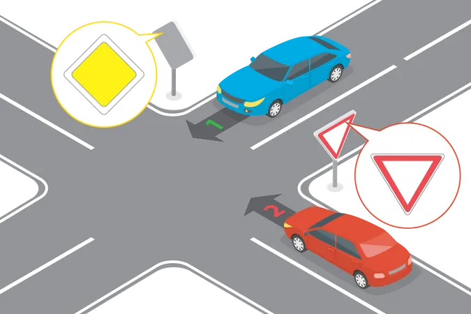 3 D Isometric Flat Vector Conceptual Illustration Of Priority On Crossroads Safety Driving And Traffic Regulating Rules Illustration
