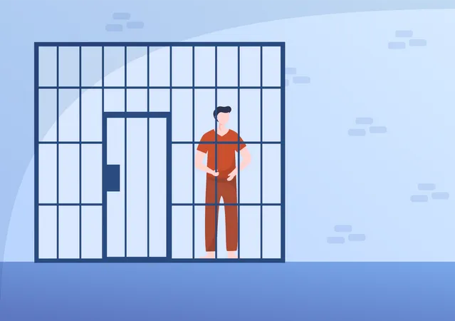 Prisioneiros Que Estao Atras Das Grades Em Delegacias De Celas De Prisao Em Ilustracao De Estilo Cartoon Plano Ilustração