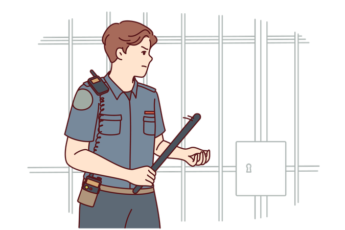 Prison guard walks near criminal cell  イラスト