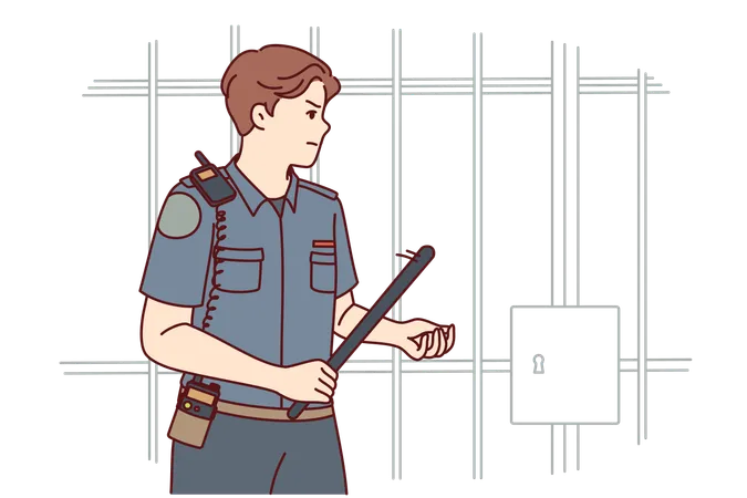 Strict Man Prison Guard With Rubber Club In Hand Walks Near Cell For Criminals And Keeps Order In Jail Guy Works As Prison Guard Dressed In Uniform Of Police Officer Or Employee Security Service Illustration
