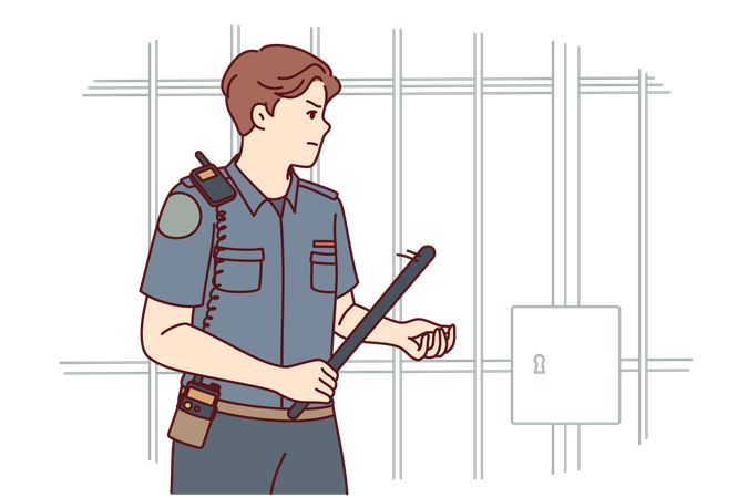 Prison guard walks near criminal cell  Illustration