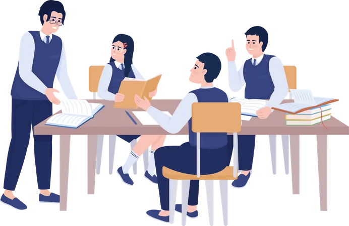 Private school students study together  Illustration