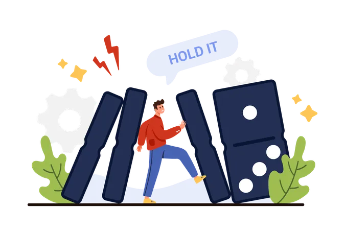 Proactive Crisis Management Change Failure Situation And Solve Business Problem Tiny Man Holding Falling Domino Blocks To Impact Financial Crisis And Company Collapse Cartoon Vector Illustration 일러스트레이션