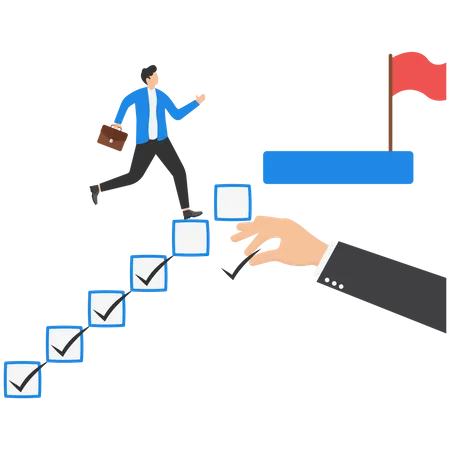 Probationary Period Employee Evaluation To Provide Feedback And Make Decisions About Promotion Raise Or Termination Concept Businessman Walking Up The Stairs Of Check Boxes For Assessment Illustration