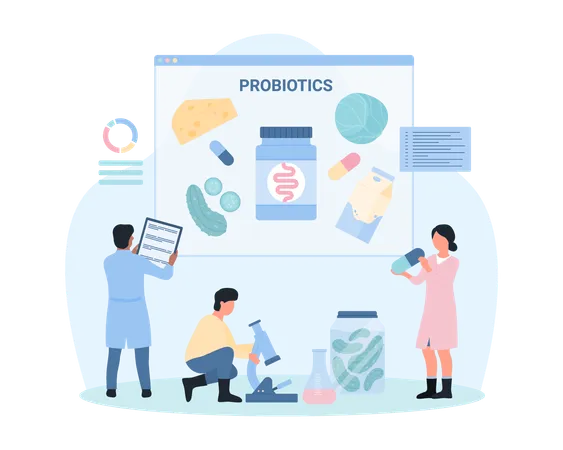 Probiotics And Prebiotics For Digestive Health Vector Illustration Cartoon Tiny People Recommend Natural Fermented Food With Probiotics And Fiber Supplement Products Improve Intestinal Microbiome Illustration